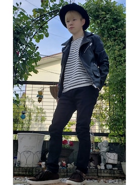 「大学生」｜「アイテム（ライダースジャケット）」を使った、ゆうとさん（メンズ・163cm）の春コーディネート