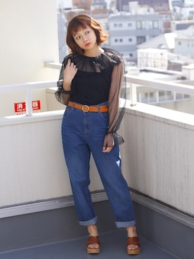 「Crisp（クリスプ）の丸バックルレザーベルト（ベルト）」を使った、Crispさん（レディース・151cm）の春コーディネート