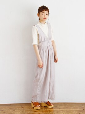 「フリルネック」｜「アイテム（サロペット/オーバーオール）」を使った、Crispさん（レディース・157cm）の春コーディネート