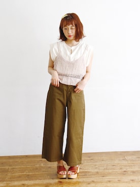 「アイテム（デニムパンツ、グリーン系）」を使った、Crispさん（レディース・151cm）の夏コーディネート