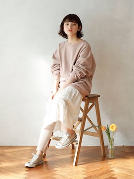 「アイテム（スウェット、ピンク系）」を使った、Crispさん（レディース・158cm）の冬コーディネート