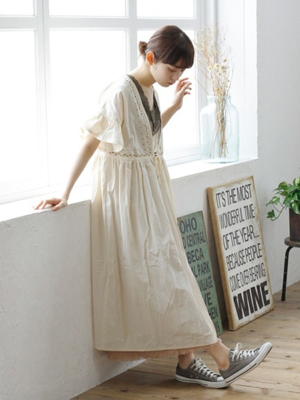 「スカート、刺繍、レース、ガウン、フリンジ、タンクトップ、夏コーデ、Crisp、カジュアルガーリー、クリスプ」｜「Crispのランダムリブレースタンク（タンクトップ、グリーン系）」を使った、Crispさん（レディース・158cm）の春コーディネートの1枚目の写真
