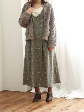 「アイテム（ワンピース/ドレス、グリーン系）」を使った、Crispさん（レディース・158cm）の秋コーディネート