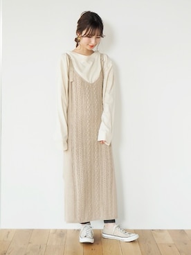 「アイテム（ワンピース/ドレス、ベージュ系）」を使った、Crispさん（レディース・154cm）の冬コーディネート