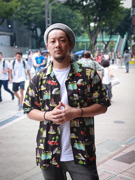 「Subciety（サブサエティ）のアイテム（ハンチング/ベレー帽）」を使った、Mt'（ミット）さん（メンズ・178cm）の夏コーディネート