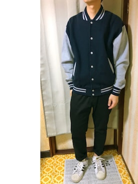 「no brand（ノーブランド）のアイテム（スタジャン）」を使った、ろっくんさん（メンズ・174cm）の冬コーディネート