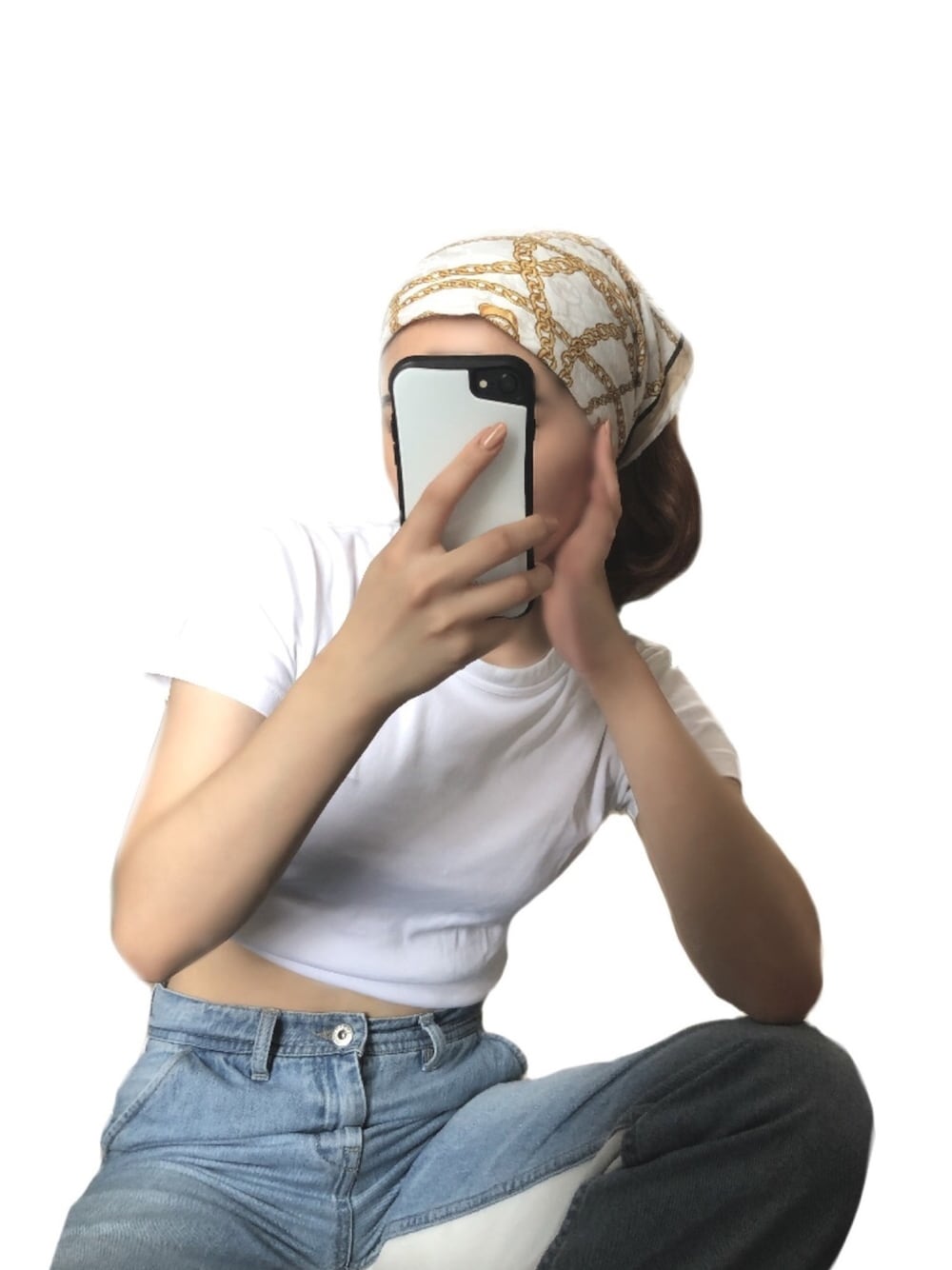 「夏、summer、バンダナ、jeans、denim、whitetshirt、白T、ラクチンコーデ、シンプルコーデ、stayhome」｜「UNIQLOのクルーネックT（半袖）（Tシャツ/カットソー、ホワイト系）」を使った、NAOさん（レディース・157cm）の夏コーディネートの1枚目の写真