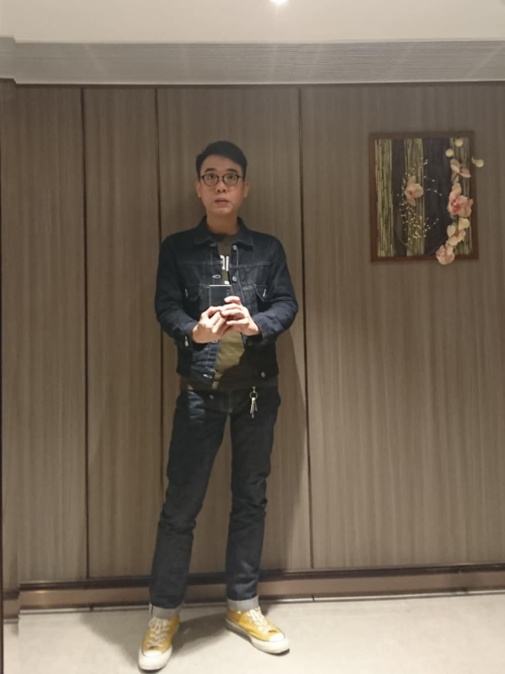 「THE STRIKE GOLDのアイテム（デニムジャケット、ブルー系）」を使った、curry curlyさん（メンズ・179cm）の冬コーディネートの1枚目の写真