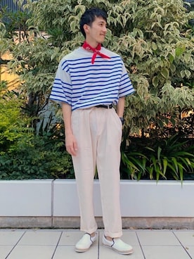「バンダナ」｜「アイテム（スリッポン）」を使った、coen はたなかさん（メンズ・173cm）の夏コーディネート