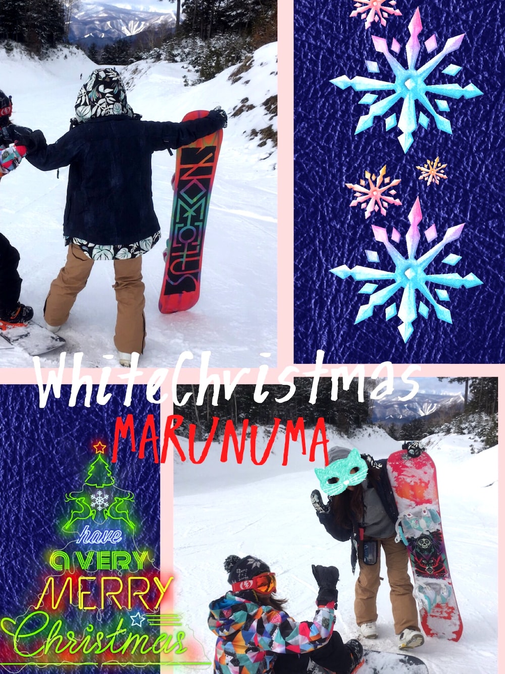 「スノーボード、メリークリスマス、スノボスタイル、ESTIVO、Flow、SALOMON、DEELUXE、丸沼高原スキー場、ホワイトクリスマス、雪山」｜「ESTIVOのアイテム（その他アウター、ブルー系）」を使った、yuko kanekoさん（レディース・157cm）の冬コーディネートの1枚目の写真