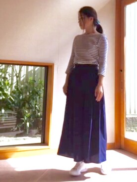 「GU（ジーユー）の（GU）イージードレープガウチョパンツＡ（パンツ、ブルー系）」を使った、足腰さん（レディース・155cm）の春コーディネート