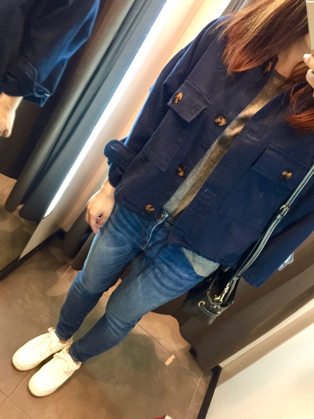 「ZARAのアイテム（ジャケット/アウター、ブルー系）」を使った、cubabypascalさん（レディース・156cm）の秋コーディネートの1枚目の写真