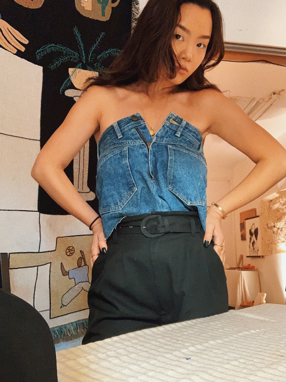 「Tubetop、jeans、denim top、handmade、vintage、watch、summer style、tank top、toronto、ootd」｜「VINTAGEのアイテム（チューブトップ、ブルー系）」を使った、Maolinさん（レディース・168cm）の春コーディネートの1枚目の写真