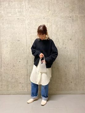 「LOWRYS FARM（ローリーズファーム）のCONEハイライズワイドデニム　800874（デニムパンツ）」を使った、chinatsu さん（レディース・156cm）の冬コーディネート