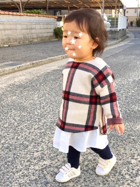 「アイテム（タイツ/ストッキング、ブルー系）」を使った、CHISEさん（キッズ・70cm）の冬コーディネート