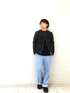 「ADAM ET ROPE'（アダムエロペ）のアイテム（ライダースジャケット）」を使った、shota kimuraさん（メンズ・160cm）の冬コーディネート
