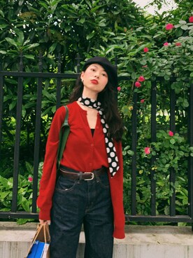 「red」｜「アイテム（ハンチング/ベレー帽）」を使った、消绿さん（レディース・159cm）の春コーディネート