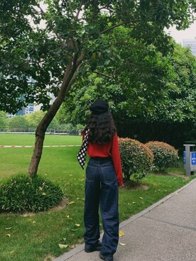 「red」｜「アイテム（ハンチング/ベレー帽）」を使った、消绿さん（レディース・159cm）の春コーディネート