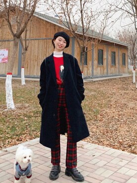 「red」｜「アイテム（チェスターコート）」を使った、消绿さん（レディース・159cm）の冬コーディネート