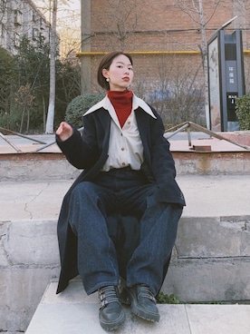 「oversize」｜「アイテム（チェスターコート）」を使った、消绿さん（レディース・159cm）の冬コーディネート