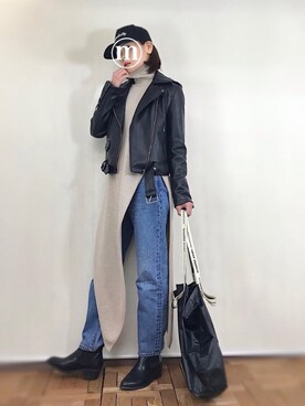「スリット」｜「アイテム（ライダースジャケット）」を使った、Ⓜ️ino.さん（レディース・159cm）の春コーディネート