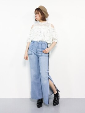 「オープンショルダー」｜「アイテム（帽子）」を使った、ENAさん（レディース・162cm）の夏コーディネート