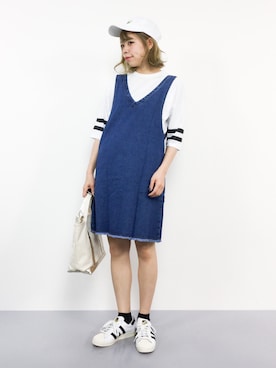 「白キャップ」｜「アイテム（サロペット/オーバーオール）」を使った、ENAさん（レディース・162cm）の夏コーディネート