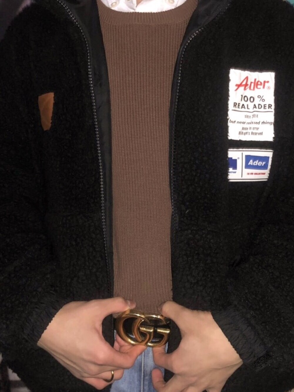 「korea、いいね、save、フォローお願いします🤑、おしゃれさんと繋がりたい、ADER error、GUCCI」｜「GUCCIのGucci - ロゴバックル ベルト - men - レザー/真鍮 - 95（ベルト、ブラック系）」を使った、▷▶︎▷Ryu Higuchiさん（メンズ・174cm）の冬コーディネートの1枚目の写真