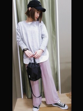 「Green　Parks（グリーンパークス）のイージーケアセンターステッチカットパンツ＊★（その他パンツ）」を使った、mikiさん（レディース・163cm）の冬コーディネート