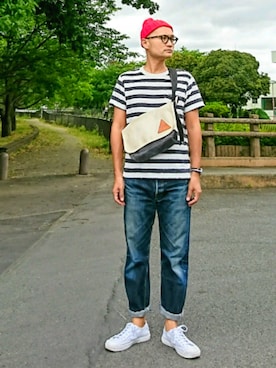 「Stuart Austin（ステュアートオースティン）のアイテム」を使った、SHINJILOW さん（メンズ・173cm）の夏コーディネート