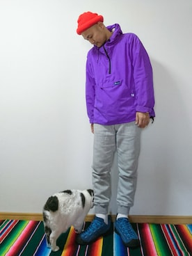 「ネコ」｜「アイテム（ナイロンジャケット）」を使った、SHINJILOW さん（メンズ・173cm）の冬コーディネート