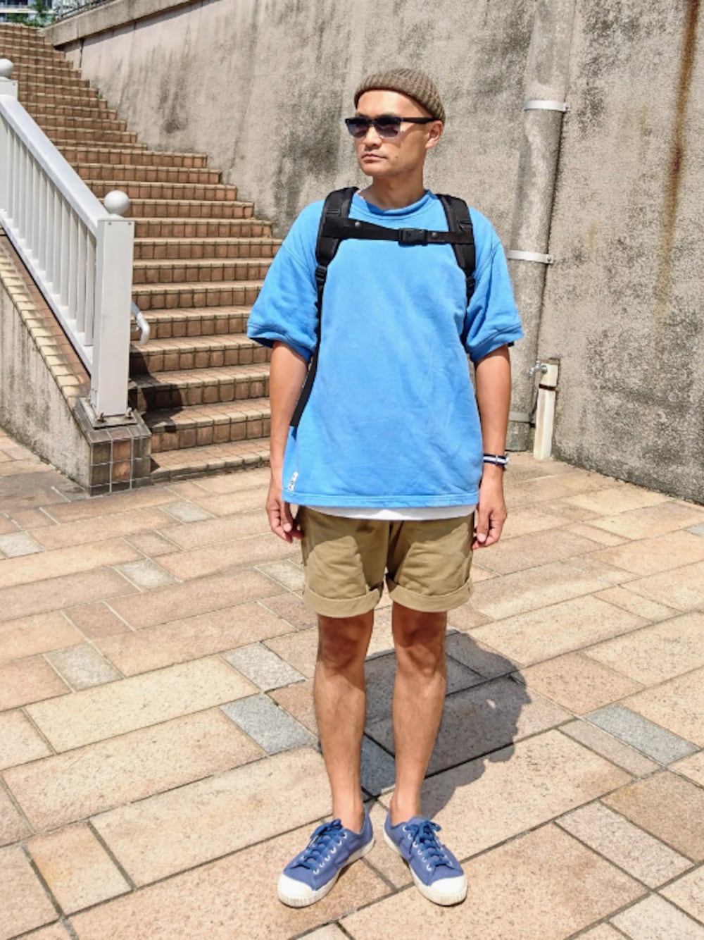 「夏、ビックシルエット、オトナカジュアル、スニーカーコーデ、シンプルコーデ、ビックT、ショートパンツ、サングラス、サックスブルー、バックパック」｜「DANG SHADESのアイテム（ファッション雑貨、ブルー系）」を使った、SHINJILOW さん（メンズ・173cm）の夏コーディネートの1枚目の写真
