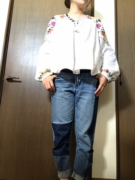 「LOWRYS FARM（ローリーズファーム）のアイテム（デニムパンツ、ブルー系）」を使った、mayoさん（レディース・157cm）の夏コーディネート