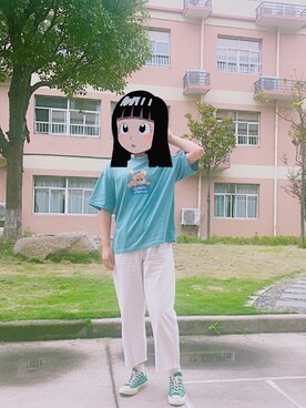 「TYAKASHAのアイテム（Tシャツ/カットソー、ブルー系）」を使った、Mizuki_Chloeさん（レディース・161cm）の夏コーディネート