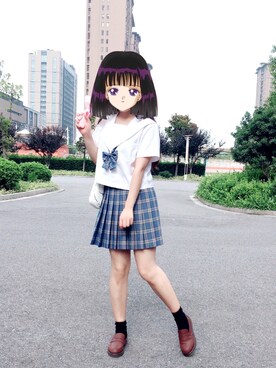 「燕子家のアイテム（シャツ/ブラウス、ブルー系）」を使った、Mizuki_Chloeさん（レディース・161cm）の夏コーディネート