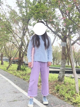 「mujiのアイテム（シャツ/ブラウス、ブルー系）」を使った、Mizuki_Chloeさん（レディース・161cm）の夏コーディネート