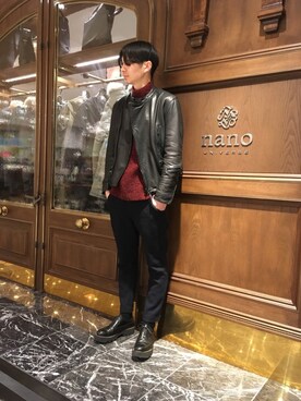 「NANO universe（ナノユニバース）のアイテム（ライダースジャケット）」を使った、nano・universe 梅田 STAFFさん（メンズ・178cm）の冬コーディネート