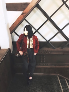 「古着のアイテム（ジャケット/アウター、レッド系）」を使った、ゆさん（レディース・168cm）の春コーディネート