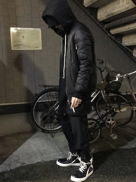 「RICK OWENS」｜「アイテム（MA-1）」を使った、ばるさん（メンズ・172cm）の冬コーディネート