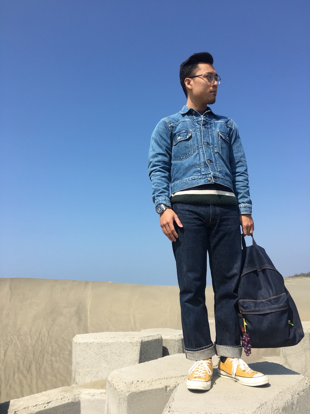 「今日のコーデ、Taiwan、Levi's、LVC、type2、CONVERSE1970、converse、UNIQLO、台灣、台南」｜「LEVI'S VINTAGE CLOTHINGのアイテム（デニムジャケット、ブルー系）」を使った、黃議立さん（メンズ・165cm）の秋コーディネートの1枚目の写真