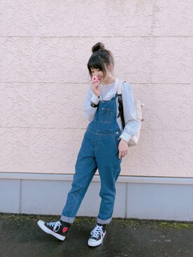 「NICE CLAUP（ナイスクラップ）のアイテム（サロペット/オーバーオール）」を使った、marieさん（レディース・158cm）の冬コーディネート