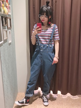 「NICE CLAUP（ナイスクラップ）のアイテム（サロペット/オーバーオール）」を使った、marieさん（レディース・158cm）の春コーディネート