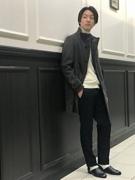 「EDIFICE（エディフィス）のアイテム（ステンカラーコート）」を使った、fujimoさん（メンズ・175cm）の冬コーディネート
