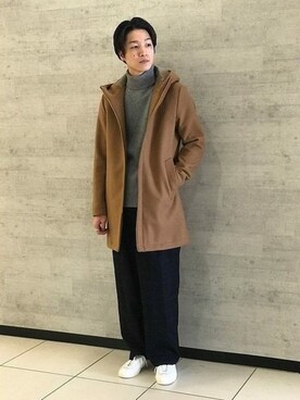 「EDIFICE（エディフィス）のアイテム（ステンカラーコート）」を使った、fujimoさん（メンズ・175cm）の冬コーディネート