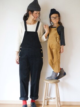 「親子でおそろい」｜「アイテム（サロペット/オーバーオール）」を使った、pongeeさん（キッズ・110cm）の冬コーディネート