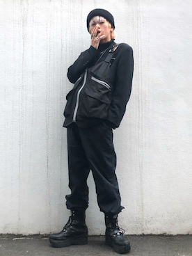 「原宿」｜「アイテム（ニットキャップ/ビーニー）」を使った、カナデスタイルさん（メンズ・173cm）の冬コーディネート