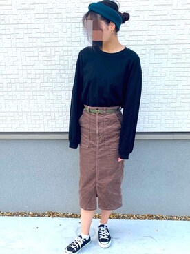 「GU（ジーユー）のアイテム（スカート、ブラウン系）」を使った、zueko0702さん（レディース・156cm）の秋コーディネート