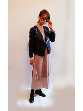 「アイテム（ライダースジャケット）」を使った、Keyさん（レディース・164cm・40代）の春コーディネート