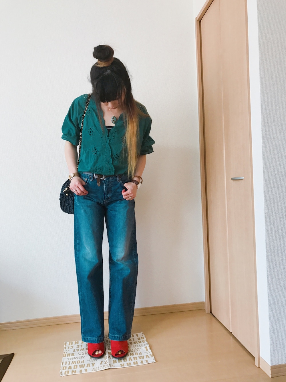 「Ungrid、GU、GUコーデ、ブラウス、ブラウス×デニム、ワイドパンツ」｜「Ungridのワイドストレートデニム（デニムパンツ、ブルー系）」を使った、れいやんさん（レディース・166cm）の夏コーディネートの1枚目の写真