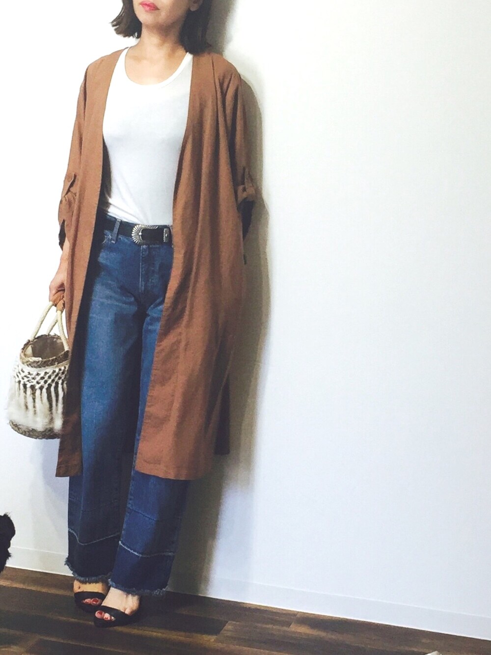 「大人カジュアル、プチプラコーデ、GU」｜「GUのアイテム（その他アウター、ブラウン系）」を使った、yu.さん（レディース・159cm）の春コーディネートの1枚目の写真